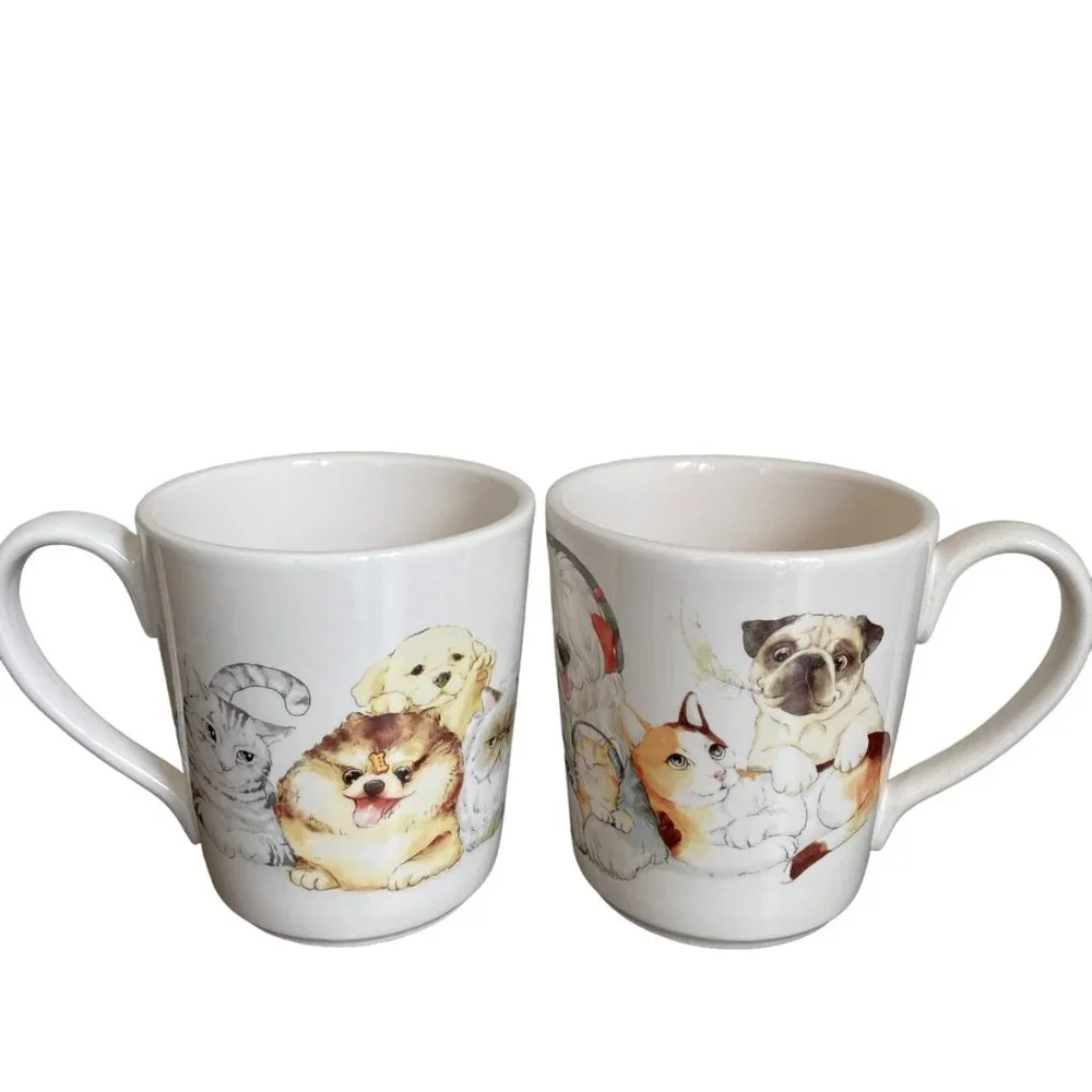 Pier 1 Imports Ironstone Jumbo Discontinued Pattern Cats, Dogs Headphones Mugs